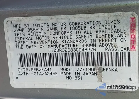 2003 Toyota Corolla Le from USA, damaged, VIN JTDBR32E830048276
